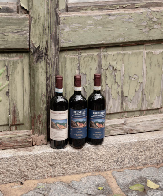 two bottles Brunello di Montalcino and one Rosso di Montalcino