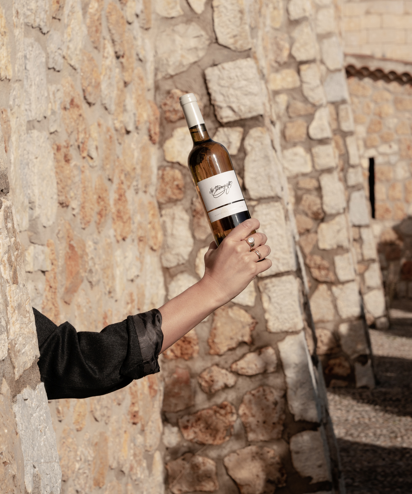 Arm holds White wine Chardonnay bottle Mallorca